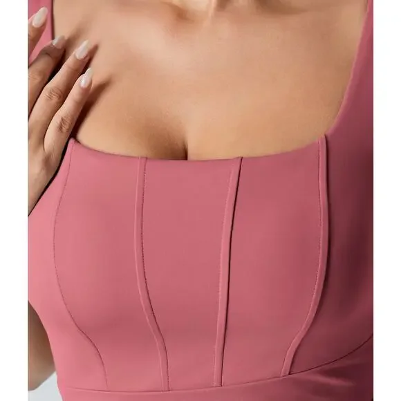 NWT HALARA Softlyzero Airy Square Neck Corset Ruched Bodycon Midi Dress Size M - Picture 2 of 8